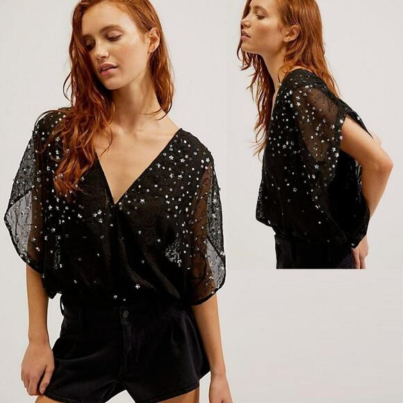 Free People‎ NWOT Women's Black Bodysuit Lace Sequins Size X-Small - Picture 1 of 4